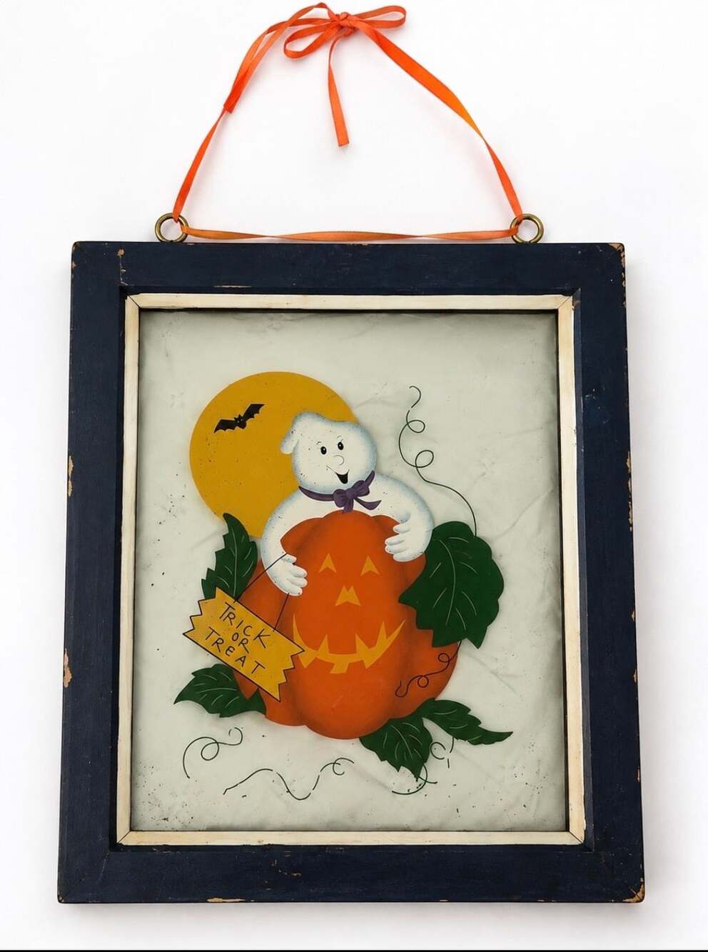 Vintage Style Halloween Ghost Pumpkin Trick or Treat Framed Wall Decor